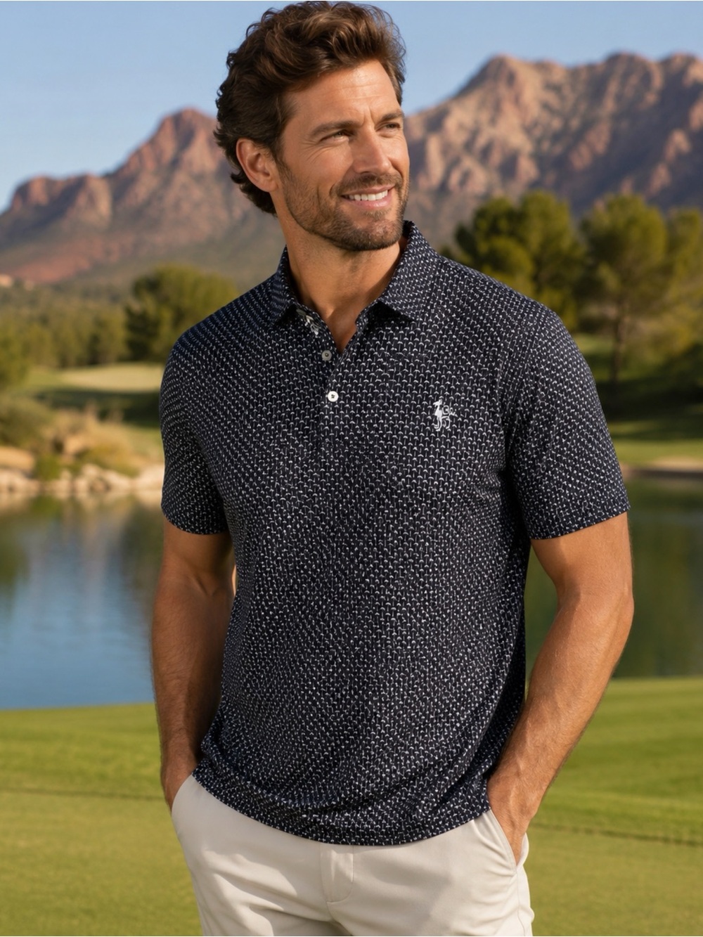BUGATCHI 8-Way Stretch palm tree Print Polo black Oooh Cotton NEW Medium